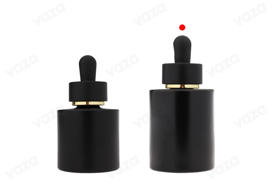 Flacone in vetro nero opaco da 50 ml con contagocce nero opaco con striscia dorata e scolapiatti Flacone in vetro nero opaco da 50 ml con contagocce nero opaco con striscia dorata e scolapiatti-εικόνα_σύνθεση