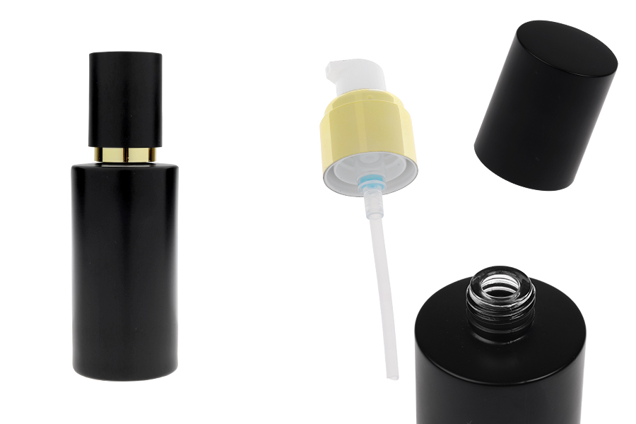 Matte black glass bottle 100 ml with gold cream pump and matte black cap-image_product