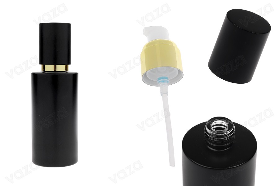 Shishe qelqi e zezë mat 100 ml me pompë kremi të artë dhe kapak të zi mat Shishe qelqi e zezë mat 100 ml me pompë kremi të artë dhe kapak të zi mat-imazh_produkt