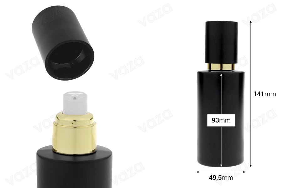 Shishe qelqi e zezë mat 100 ml me pompë kremi të artë dhe kapak të zi mat Shishe qelqi e zezë mat 100 ml me pompë kremi të artë dhe kapak të zi mat-imazh_dimensione