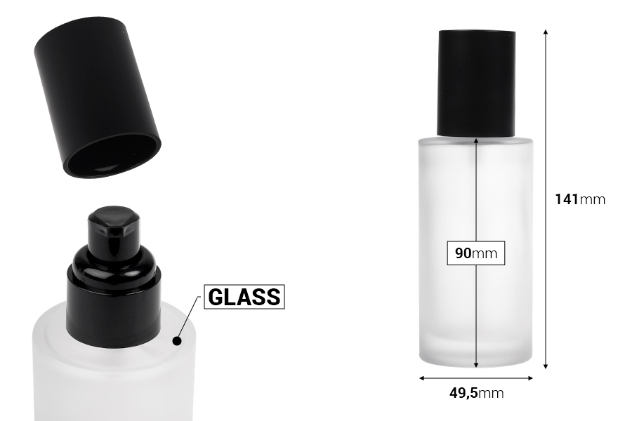 100 ml sandblasted glass bottle with black cream pump and black matte cap-image_dimensions