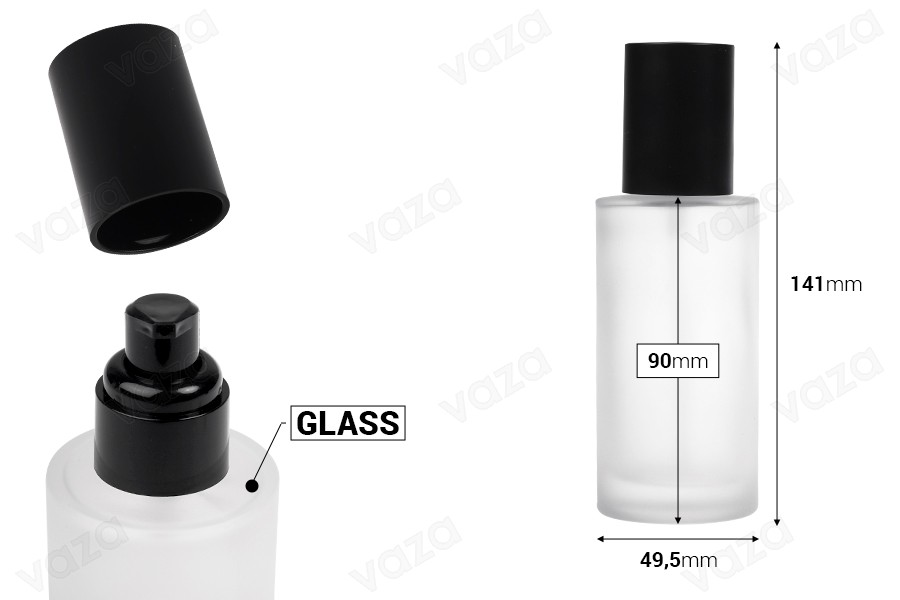 100-ml-Flasche aus sandgestrahltem Glas mit schwarzer Cremepumpe und mattschwarzem Verschluss-bildabmessungen