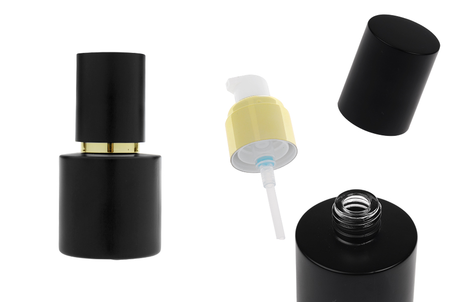 Γυάλινο μαύρο ματ μπουκαλάκι 30 ml με χρυσή αντλία κρέμας και μαύρο ματ καπάκι-εικόνα_προϊοντική