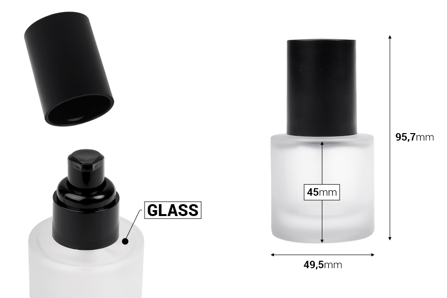 30 ml sandblasted glass bottle with black cream pump and black matte cap-image_dimensions