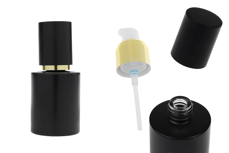 50 ml Flasche aus mattschwarzem Glas mit goldener Cremepumpe und mattschwarzem Verschluss-produktbild