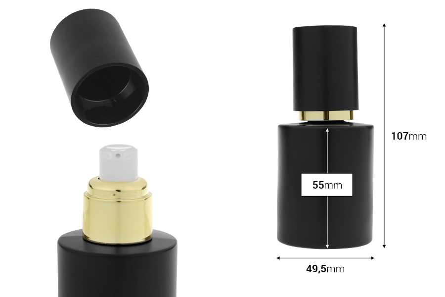 50 ml Flasche aus mattschwarzem Glas mit goldener Cremepumpe und mattschwarzem Verschluss-bildabmessungen