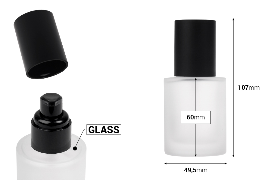 50 ml sandblasted glass bottle with black cream pump and black matte cap-image_dimensions