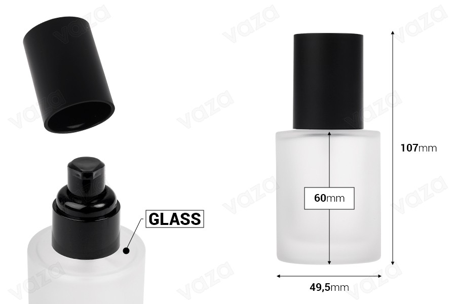 Γυάλινο μπουκαλάκι αμμοβολής 50 ml με μαύρη αντλία κρέμας και μαύρο ματ καπάκι-εικόνα_διαστάσεις
