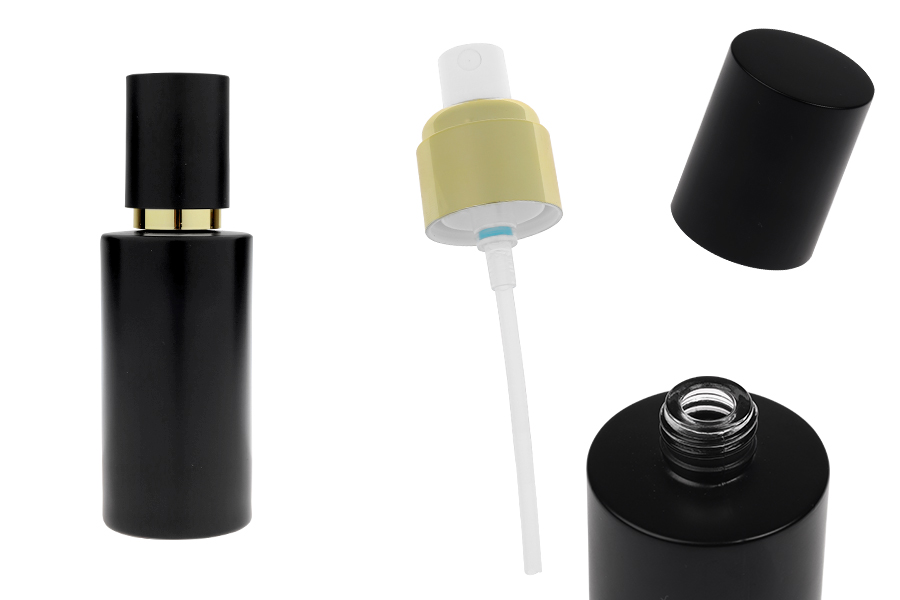 Matte black glass bottle 100 ml with gold spray and matte black cap Matte black glass bottle 100 ml with gold spray and matte black cap-image_product