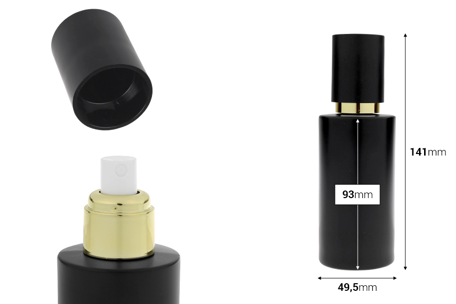 Matte black glass bottle 100 ml with gold spray and matte black cap Matte black glass bottle 100 ml with gold spray and matte black cap-image_dimensions