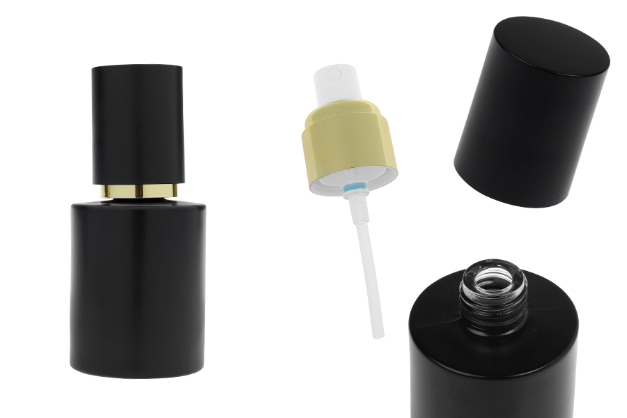 Γυάλινο μαύρο ματ μπουκαλάκι 50 ml με χρυσό σπρέι και μαύρο ματ καπάκι-εικόνα_προϊοντική