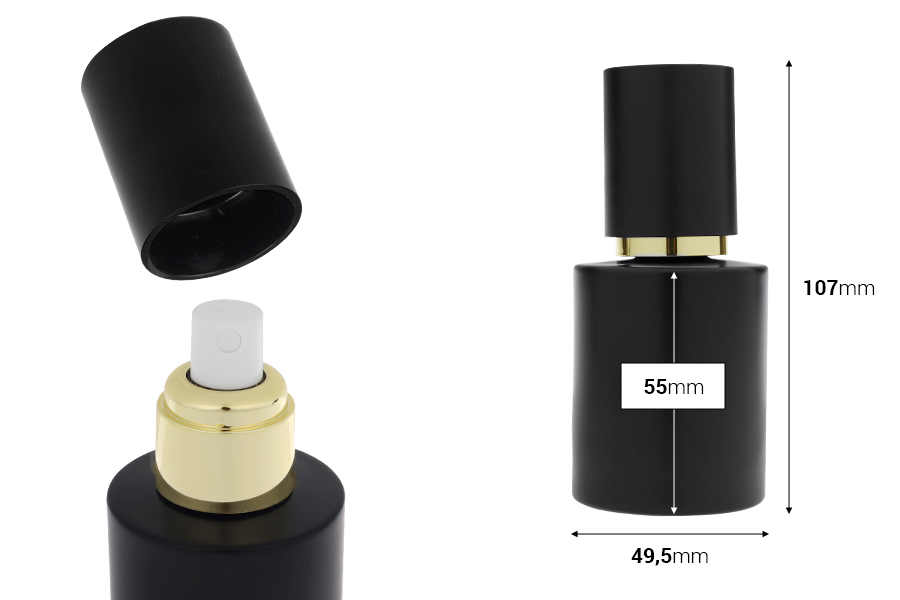 Γυάλινο μαύρο ματ μπουκαλάκι 50 ml με χρυσό σπρέι και μαύρο ματ καπάκι-εικόνα_διαστάσεις