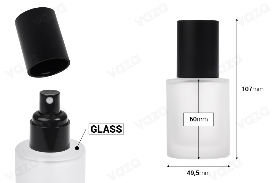 Γυάλινο μπουκαλάκι αμμοβολής 50 ml με μαύρο σπρέι και μαύρο ματ καπάκι-εικόνα_διαστάσεις