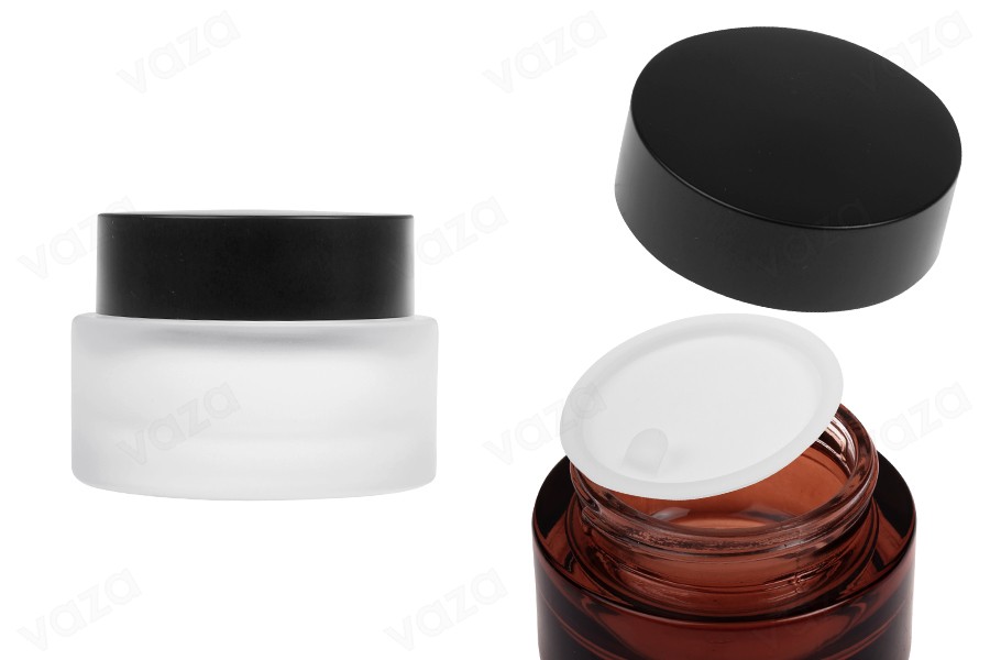 50-ml-Glasbehälter mit mattschwarzem Deckel (mit Innendichtung) und Kunststoffdichtung-produktbild