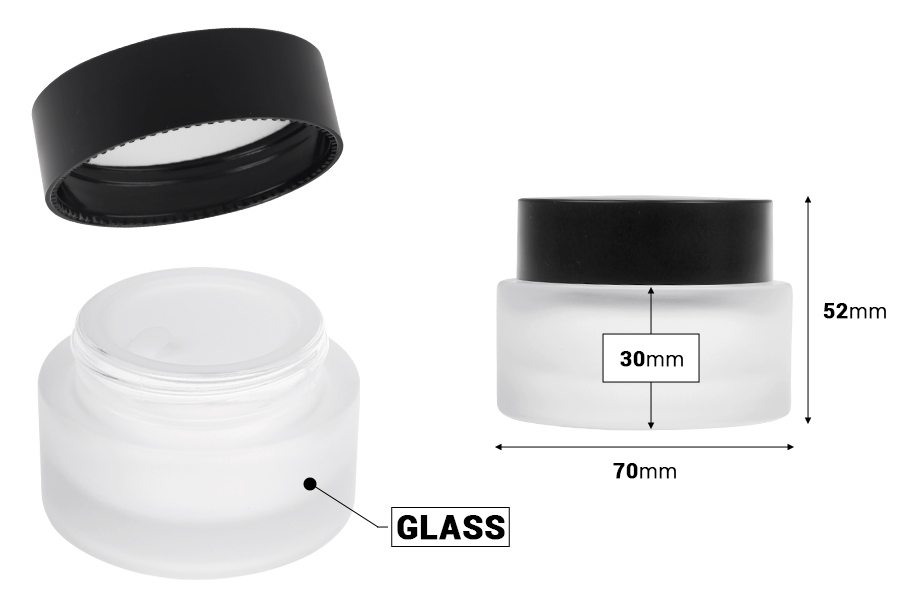 Barattolo di vetro da 50 ml con tappo nero opaco (con rivestimento interno) e guarnizione in plastica-dimensioni_immagine