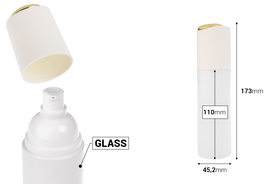 Μπουκάλι πολυτελείας 100 ml σε λευκό ματ χρώμα με αντλία κρέμας και χρυσή λεπτομέρεια στο καπάκι Μπουκάλι πολυτελείας 100 ml σε λευκό ματ χρώμα με αντλία κρέμας και χρυσή λεπτομέρεια στο καπάκι-εικόνα_διαστάσεις