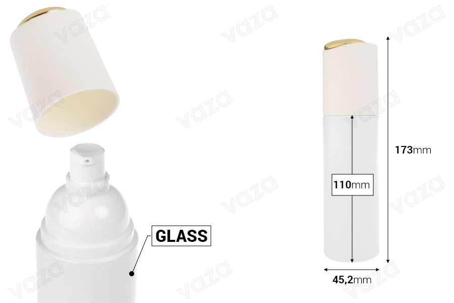 Luxury 100 ml bottle in matte white with cream pump and gold detail on the cap-image_dimensions