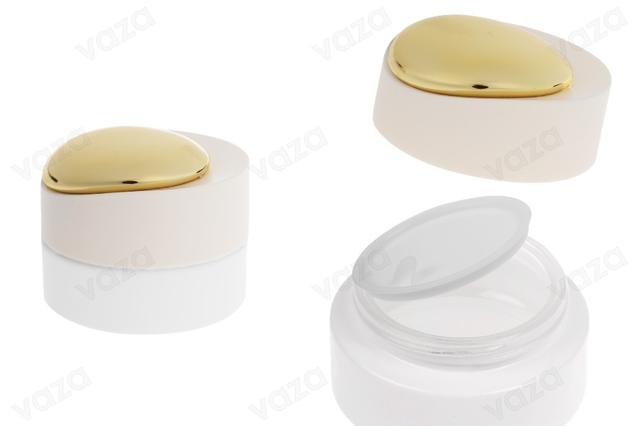 Luxuriöses 30-ml-Glas in mattem Weiß mit goldenen Details am Deckel (mit Innendichtung) und Kunststoffdichtung-produktbild