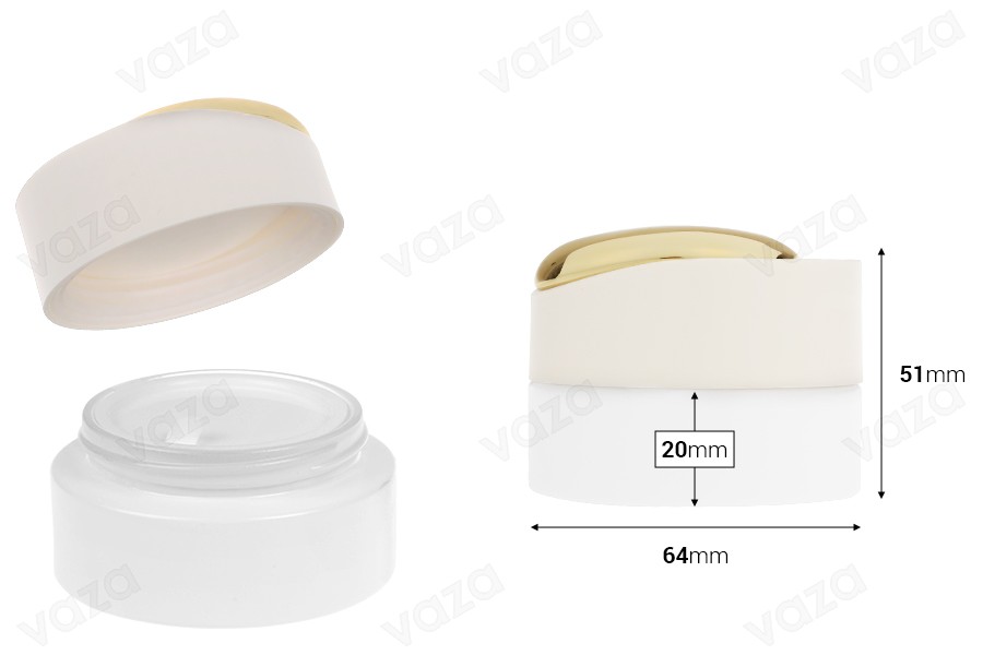 Luxuriöses 30-ml-Glas in mattem Weiß mit goldenen Details am Deckel (mit Innendichtung) und Kunststoffdichtung-bildabmessungen