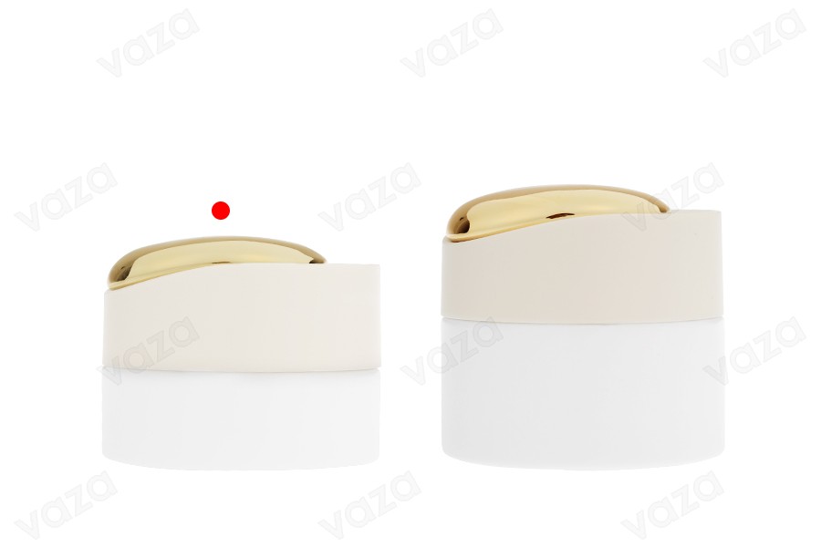 Luxuriöses 30-ml-Glas in mattem Weiß mit goldenen Details am Deckel (mit Innendichtung) und Kunststoffdichtung-bildgruppe
