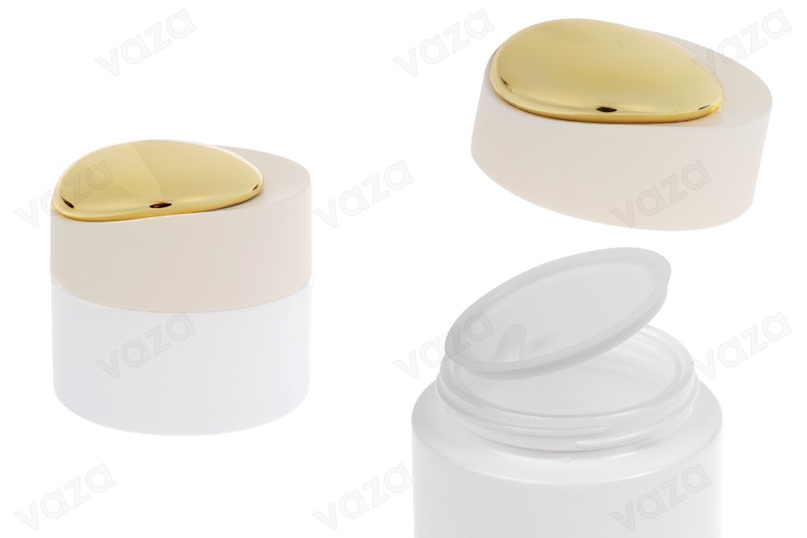 Pot de luxe de 50 ml en blanc mat avec détails dorés sur le couvercle (avec joint interne) et joint en plastique-photo_produit