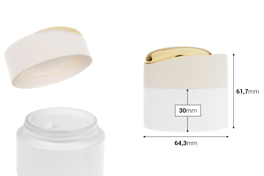 Luxury jar 50 ml in matte white with gold detail on the lid (with internal gasket) and plastic gasket Luxury jar 50 ml in matte white with gold detail on the lid (with internal gasket) and plastic gasket-image_dimensions