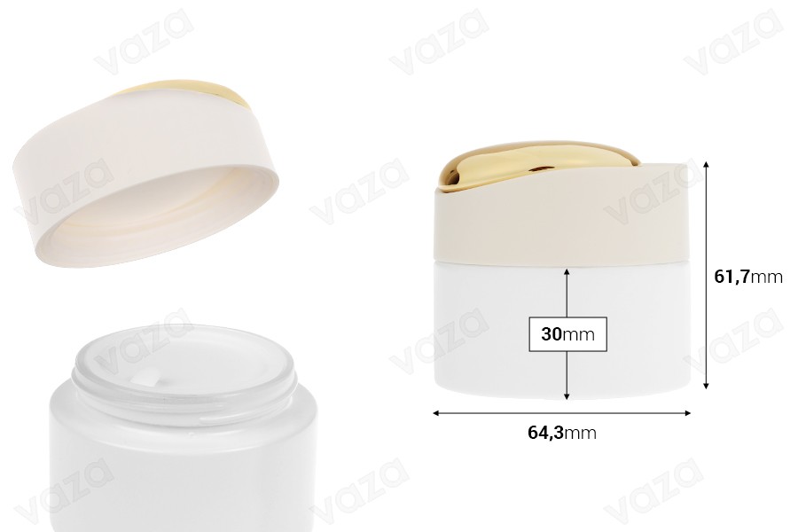 Pot de luxe de 50 ml en blanc mat avec détails dorés sur le couvercle (avec joint interne) et joint en plastique-photo_dimensions