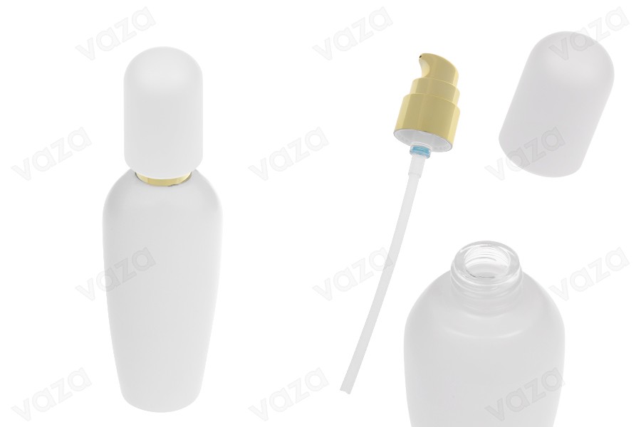 Flacon de luxe de 100 ml blanc mat avec pompe crème dorée et bouchon blanc mat Flacon de luxe de 100 ml blanc mat avec pompe crème dorée et bouchon blanc mat-photo_produit