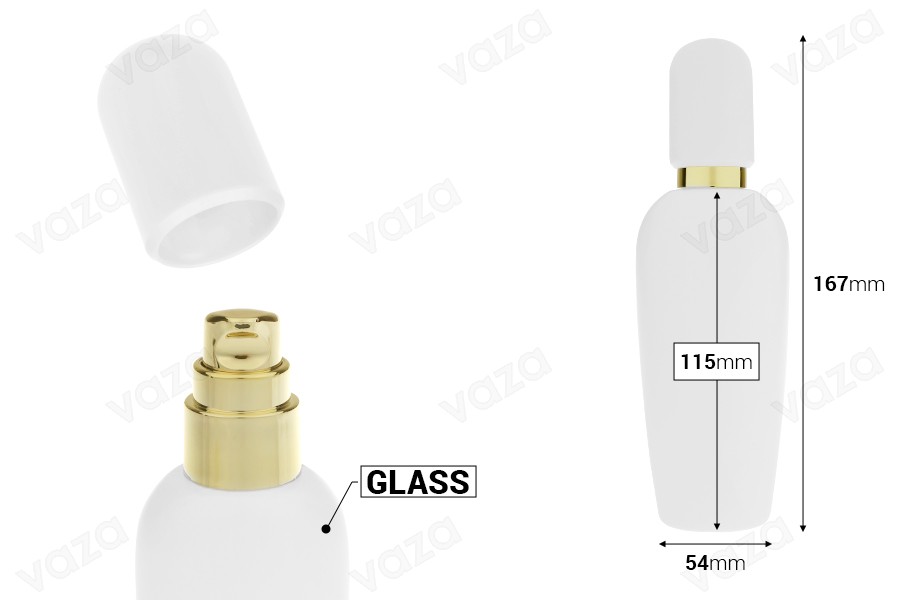 Flacon de luxe de 100 ml blanc mat avec pompe crème dorée et bouchon blanc mat Flacon de luxe de 100 ml blanc mat avec pompe crème dorée et bouchon blanc mat-photo_dimensions