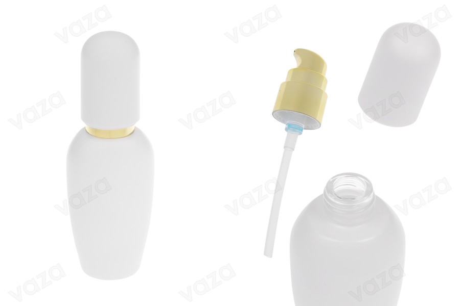 Shishe luksoze 40 ml në ngjyrë të bardhë mat me pompë për krem të artë dhe kapak të bardhë mat      -imazh_produkt