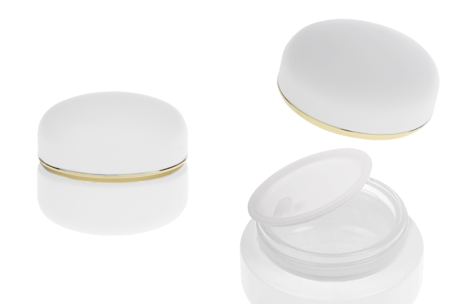 Βαζάκι 30 ml σε λευκό ματ χρώμα με καπάκι με χρυσή ρίγα (με εσωτερικό παρέμβυσμα) και πλαστικό παρέμβυσμα-εικόνα_προϊοντική