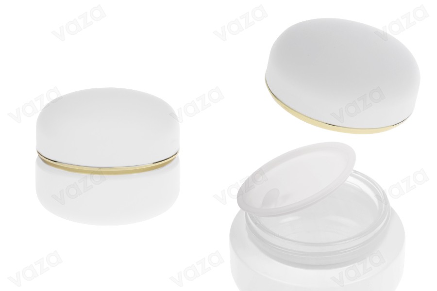 Pot de 30 ml blanc mat avec couvercle à rayures dorées (avec joint interne) et joint en plastique-photo_produit