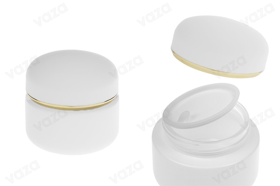 Barattolo da 50 ml in bianco opaco con coperchio a righe dorate (con guarnizione interna) e guarnizione in plastica Barattolo da 50 ml in bianco opaco con coperchio a righe dorate (con guarnizione interna) e guarnizione in plastica-immagine_prodotto