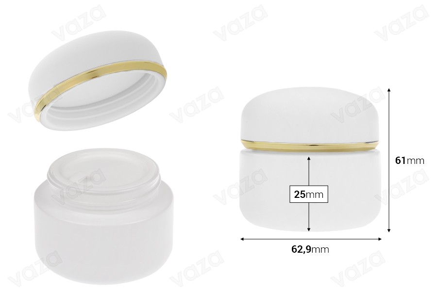 Barattolo da 50 ml in bianco opaco con coperchio a righe dorate (con guarnizione interna) e guarnizione in plastica Barattolo da 50 ml in bianco opaco con coperchio a righe dorate (con guarnizione interna) e guarnizione in plastica-dimensioni_immagine