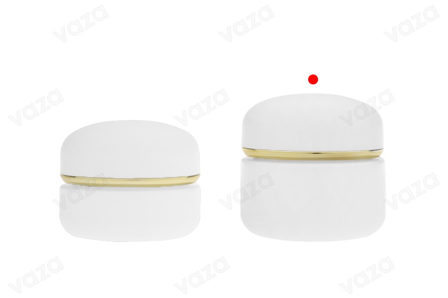 Barattolo da 50 ml in bianco opaco con coperchio a righe dorate (con guarnizione interna) e guarnizione in plastica Barattolo da 50 ml in bianco opaco con coperchio a righe dorate (con guarnizione interna) e guarnizione in plastica-gruppo_immagini