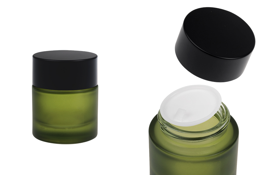 Pot de 30 ml vert mat avec couvercle noir (avec joint intérieur) et opercule en plastique Pot de 30 ml vert mat avec couvercle noir (avec joint intérieur) et opercule en plastique-photo_produit