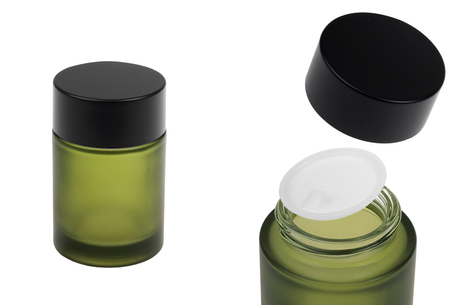 Pot de 50 ml vert mat avec couvercle noir (et joint intérieur) et opercule en plastique-photo_produit