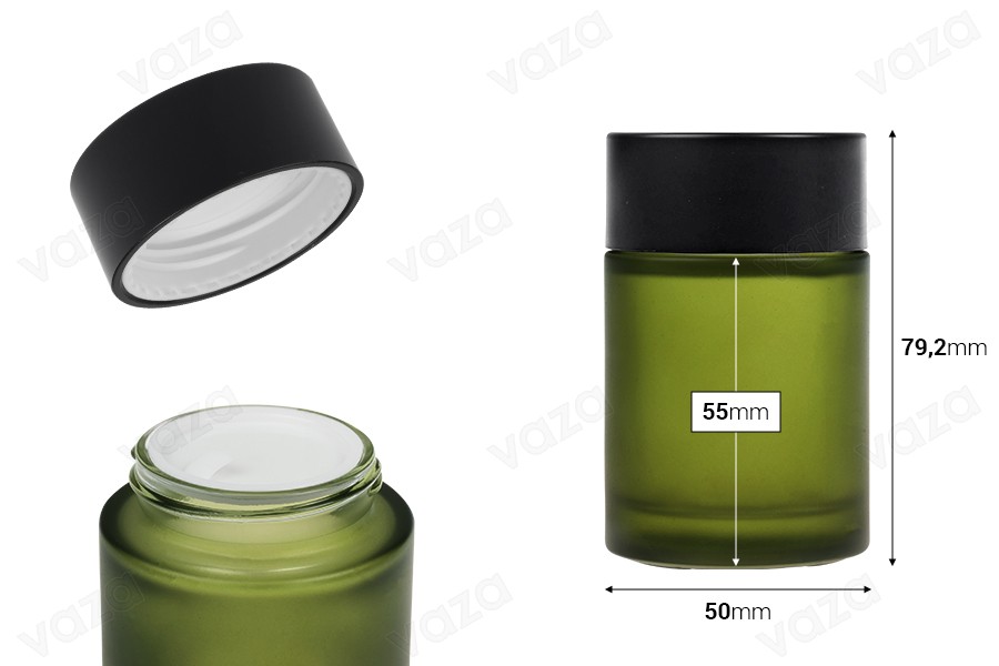 50 ml jar in matte green color with black lid (with inner liner) and plastic seal-image_dimensions