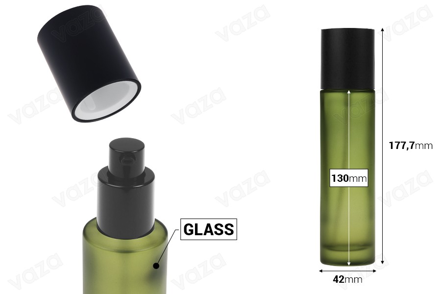 Flacone in vetro opaco verde da 100 ml con pompa per crema e tappo nero opaco Flacone in vetro opaco verde da 100 ml con pompa per crema e tappo nero opaco-dimensioni_immagine