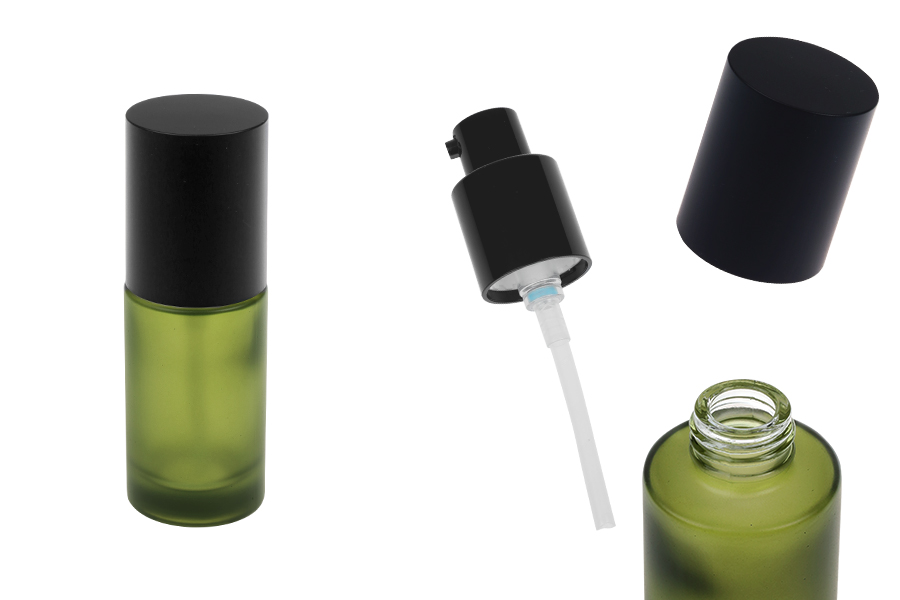 Flacon de 30 ml en verre vert mat avec pompe à crème et bouchon noir mat-photo_produit
