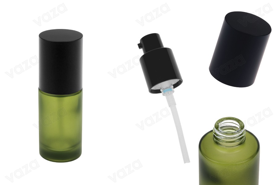 30 ml green matte glass bottle with cream pump and black matte cap 30 ml green matte glass bottle with cream pump and black matte cap-image_product