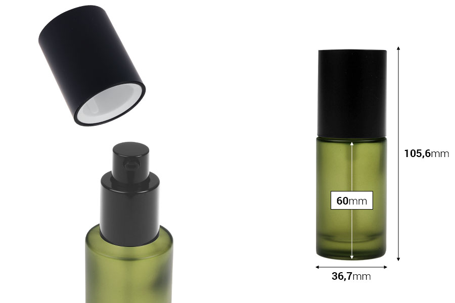 Flacon de 30 ml en verre vert mat avec pompe à crème et bouchon noir mat-photo_dimensions