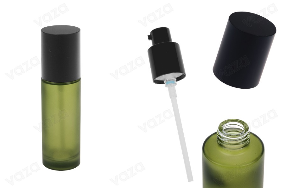 50 ml grüne, matte Glasflasche mit cremefarbener Pumpe und schwarzem, mattem Verschluss-produktbild