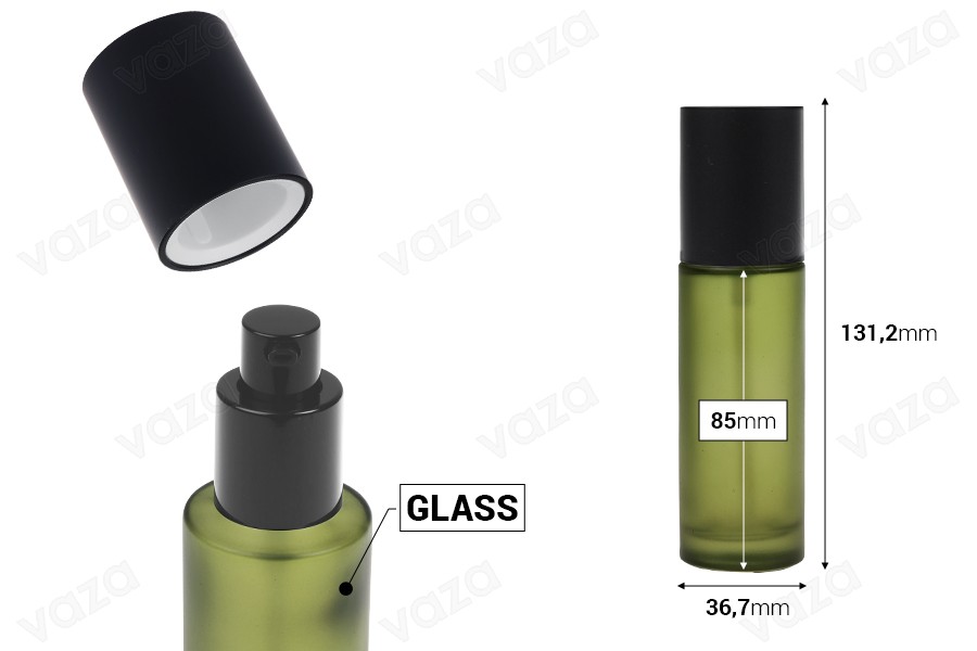 50 ml grüne, matte Glasflasche mit cremefarbener Pumpe und schwarzem, mattem Verschluss-bildabmessungen