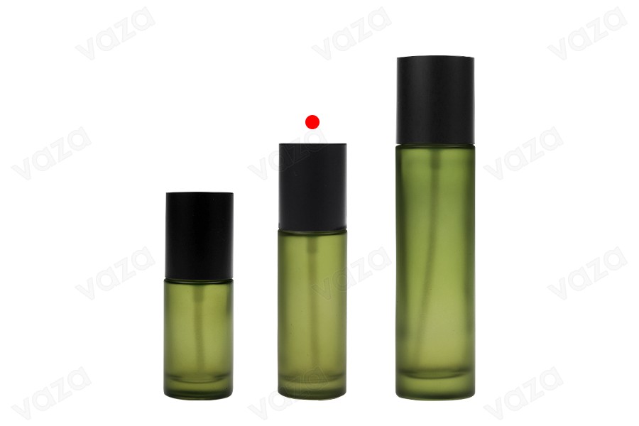 50 ml grüne, matte Glasflasche mit cremefarbener Pumpe und schwarzem, mattem Verschluss-bildgruppe