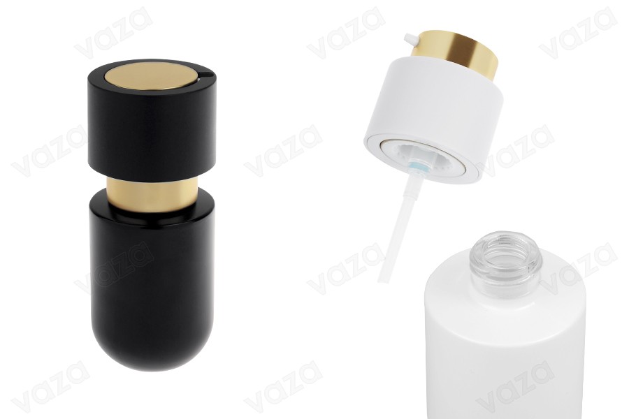 Shishe qelqi 30 ml me pompë ngjyrë ari për krem. Shishe qelqi 30 ml me pompë ngjyrë ari për krem.-εικόνα_προϊοντική