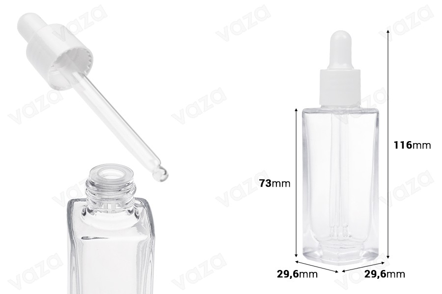 Γυάλινο διάφανο μπουκαλάκι 30 ml με πλαστικό σταγονόμετρο και αποστραγγιστήρα-εικόνα_διαστάσεις