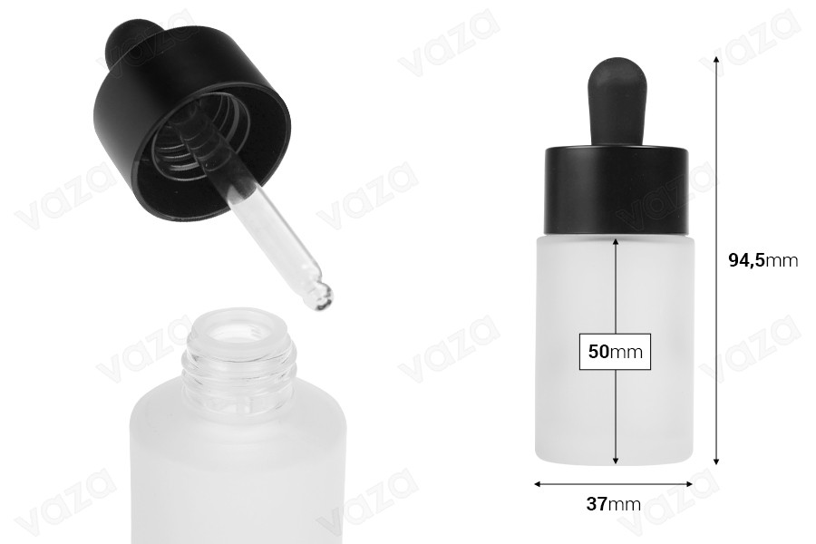 Flacon en verre de 30 ml avec compte-gouttes et égouttoir noir MAT-photo_dimensions