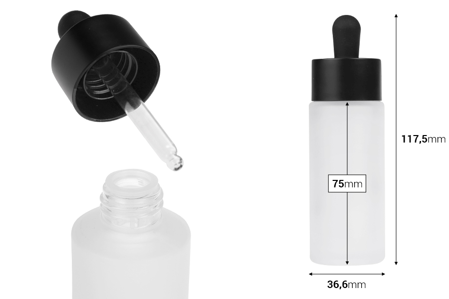 Γυάλινο μπουκαλάκι 50 ml με μαύρο ΜΑΤ σταγονόμετρο και αποστραγγιστήρα-εικόνα_διαστάσεις