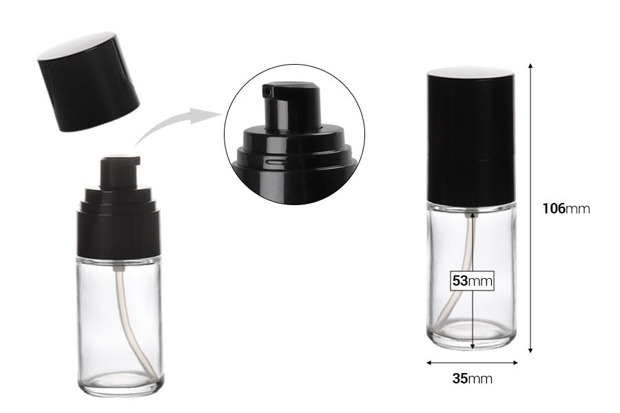Φιάλη 30ml γυάλινη με μαύρη αντλία κρέμας και καπάκι (PP18)